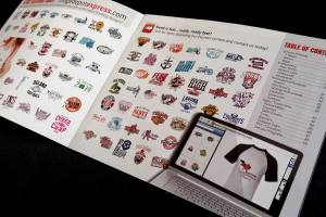 The contents sections of the catalog along with multiple t-shirt designs.